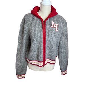 American Eagle Varsity Cropped Grey Ribbed Knit Shawl Collar Zip Sweater MED NWT